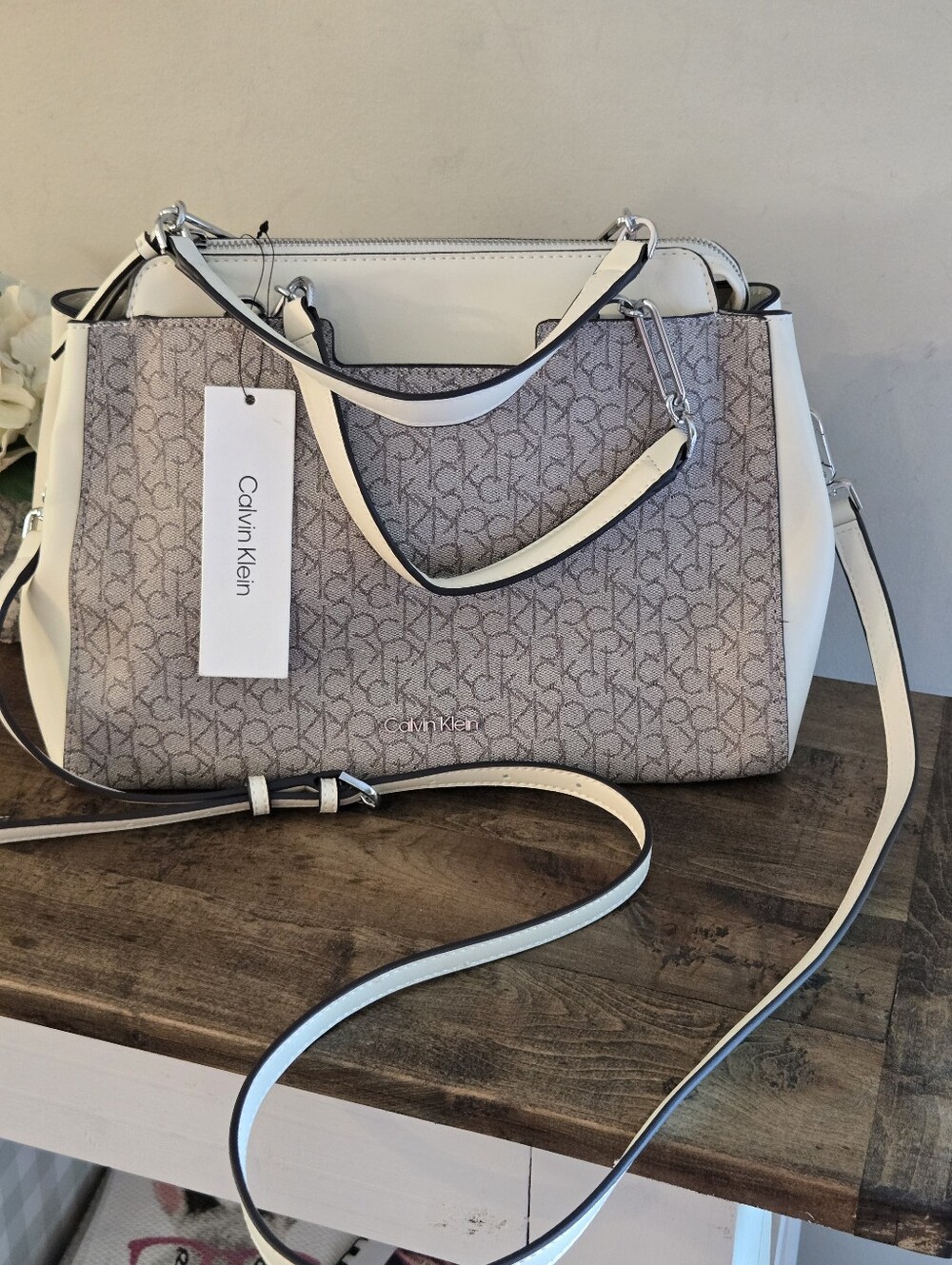 Calvin Klein Monogram Satchel Purse With crossbody Strap
